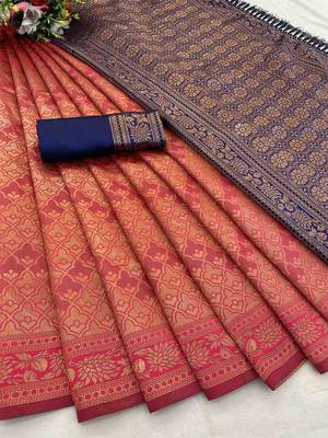 Peach woven design zari silk blend banarasi saree 4