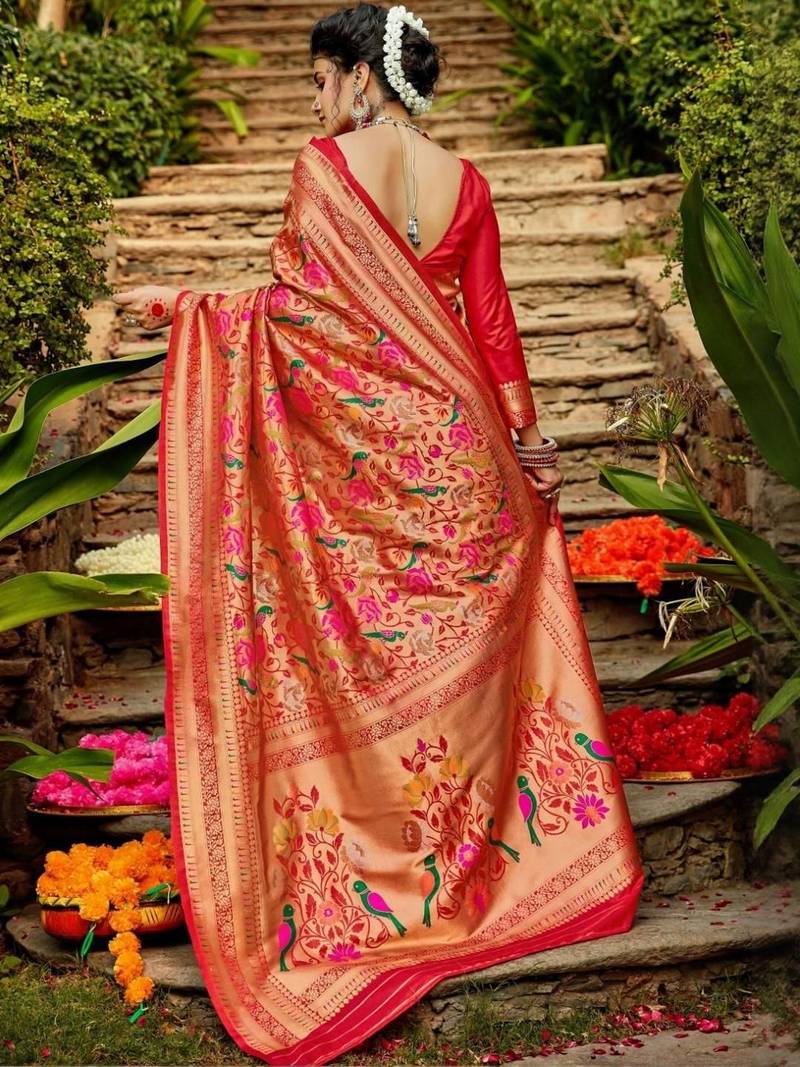 Red floral zari paithani saree