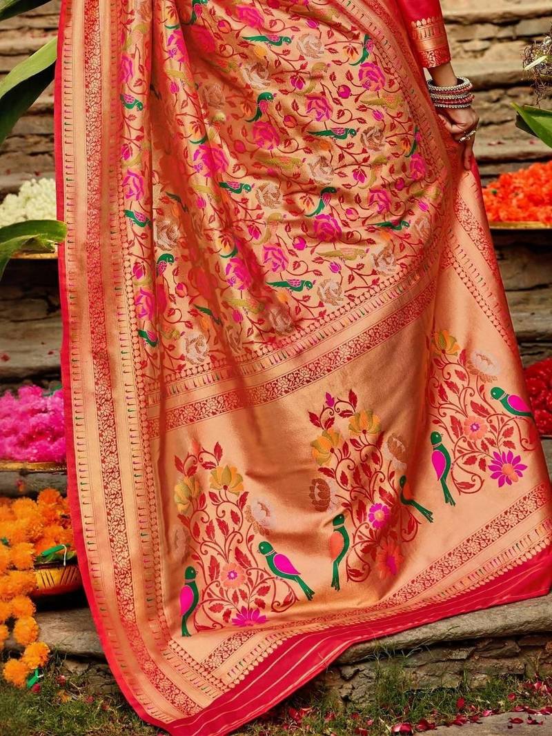Red floral zari paithani saree