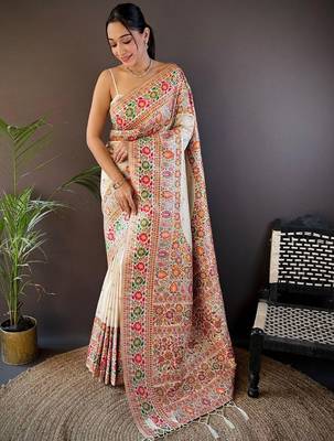 White woven design zari pashmina saree 1