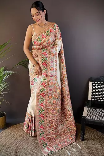 White woven design zari pashmina saree