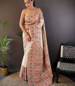 White woven design zari pashmina saree