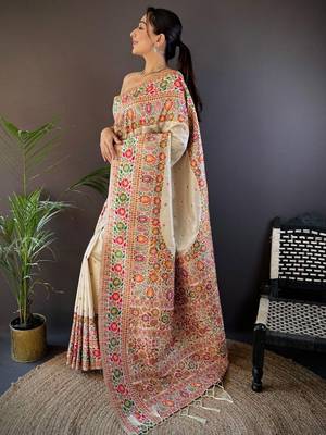 White woven design zari pashmina saree 2