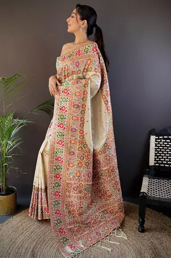 White woven design zari pashmina saree