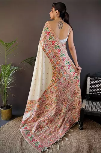White woven design zari pashmina saree