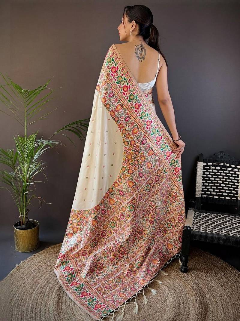 White woven design zari pashmina saree