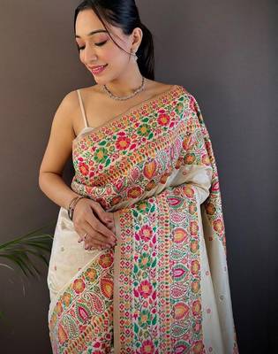 White woven design zari pashmina saree 4