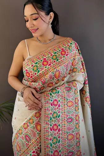 White woven design zari pashmina saree