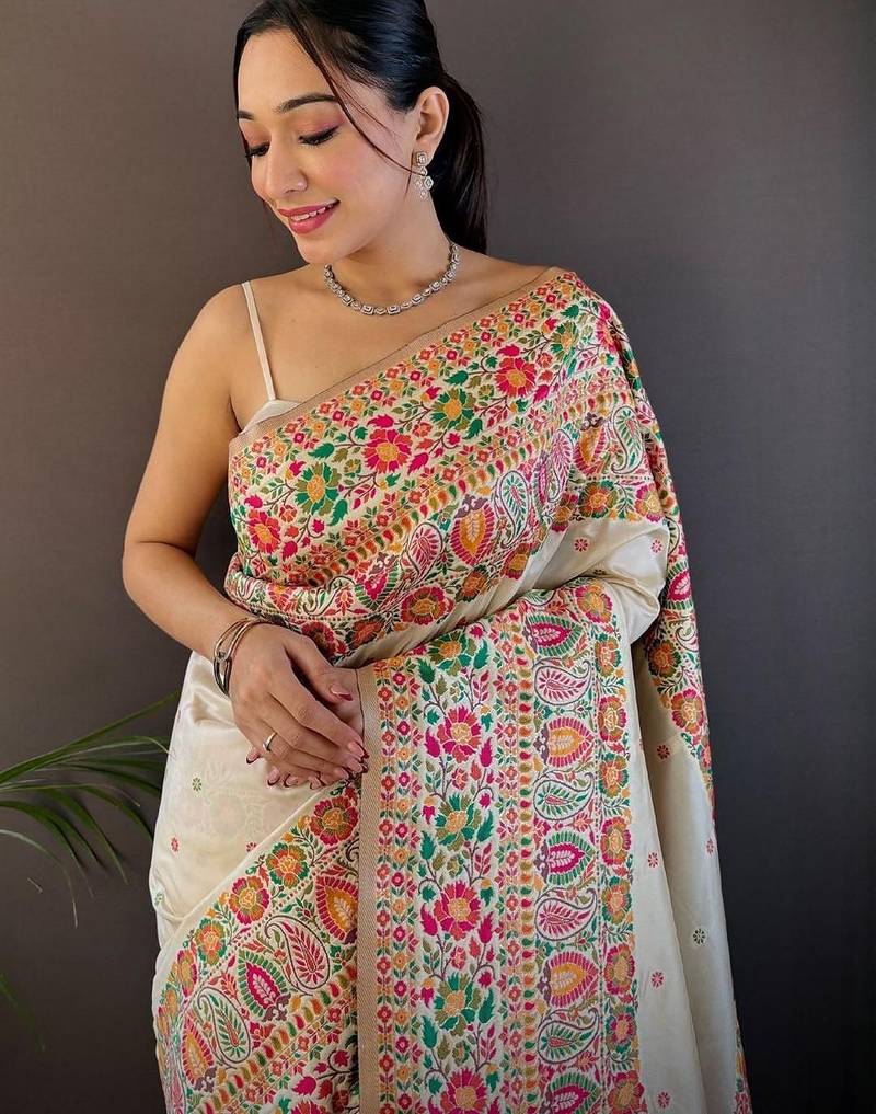 White woven design zari pashmina saree