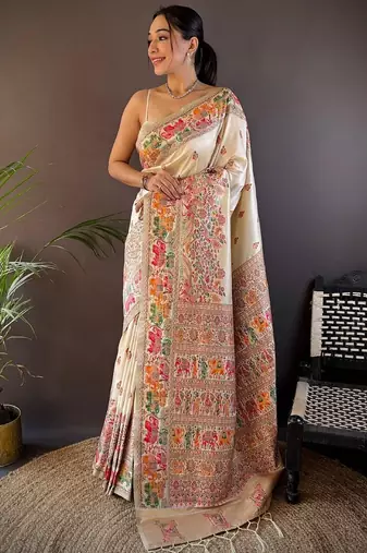 White woven design pashmina saree