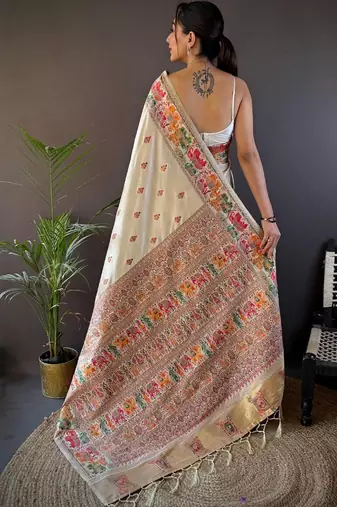 White woven design pashmina saree