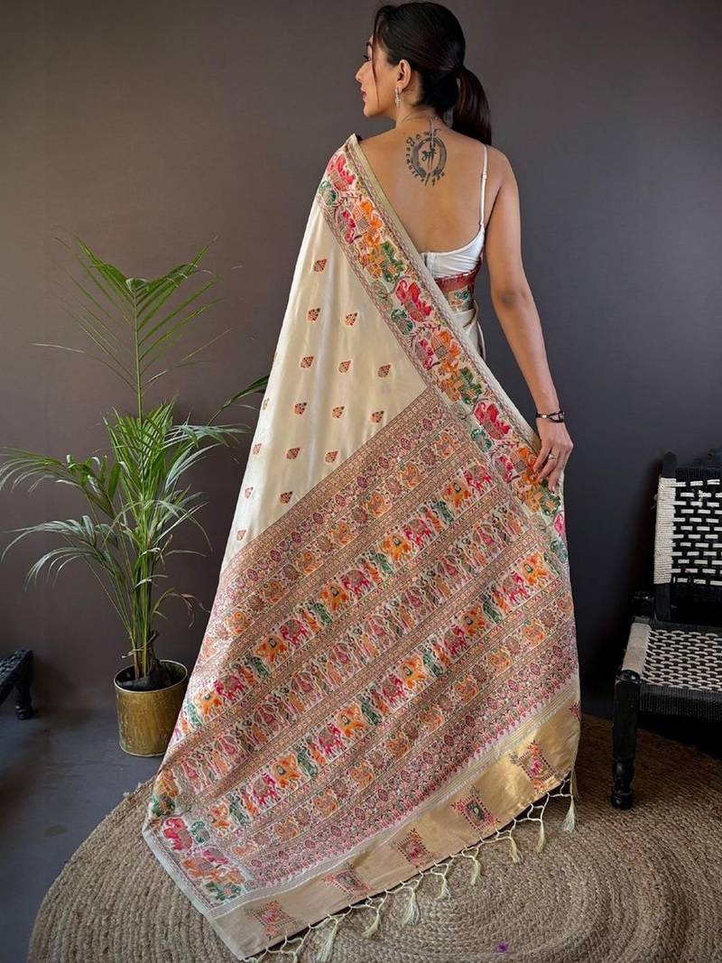 White woven design pashmina saree