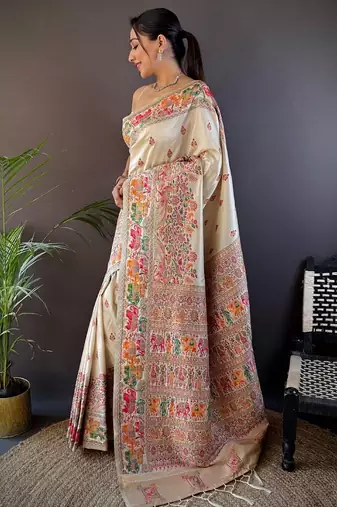 White woven design pashmina saree
