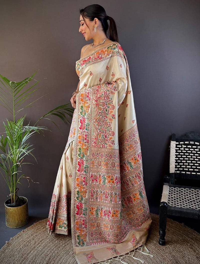 White woven design pashmina saree