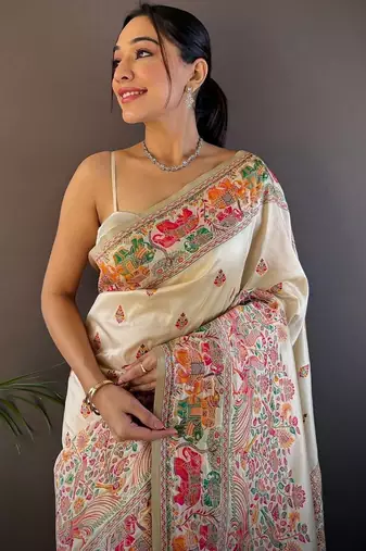 White woven design pashmina saree