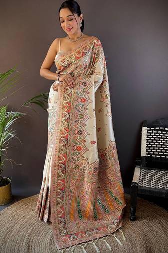 White woven design pashmina saree