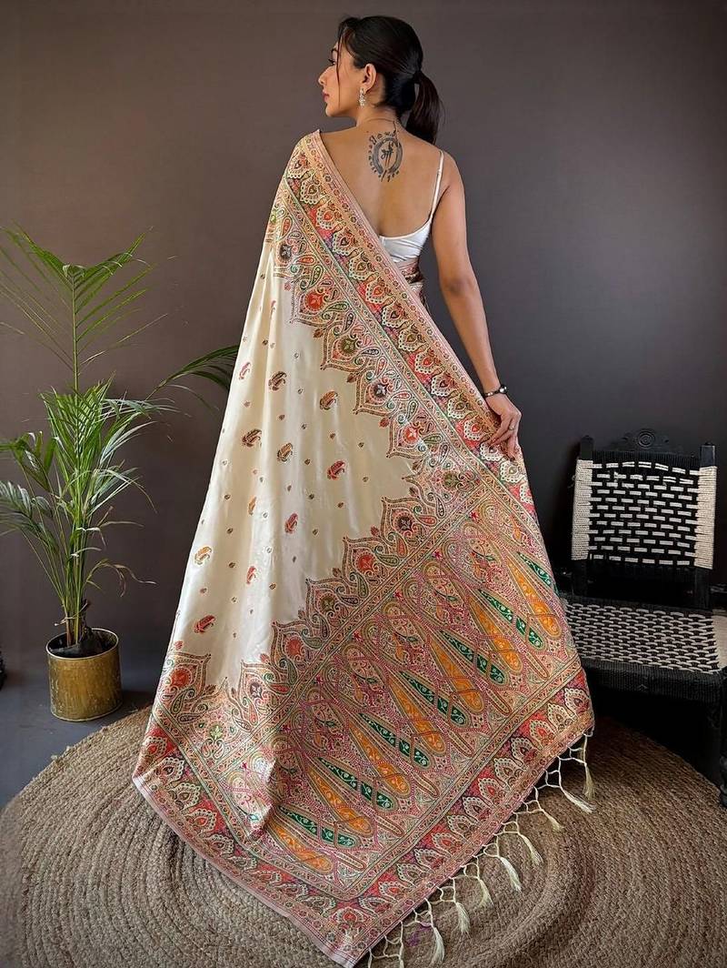 White woven design pashmina saree