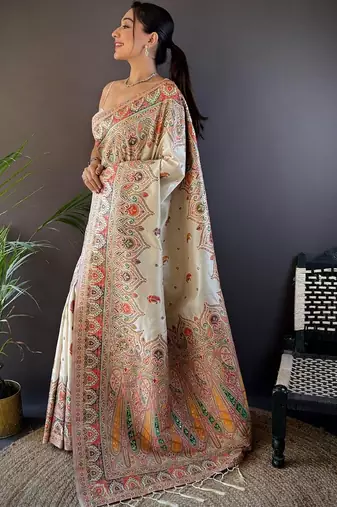 White woven design pashmina saree