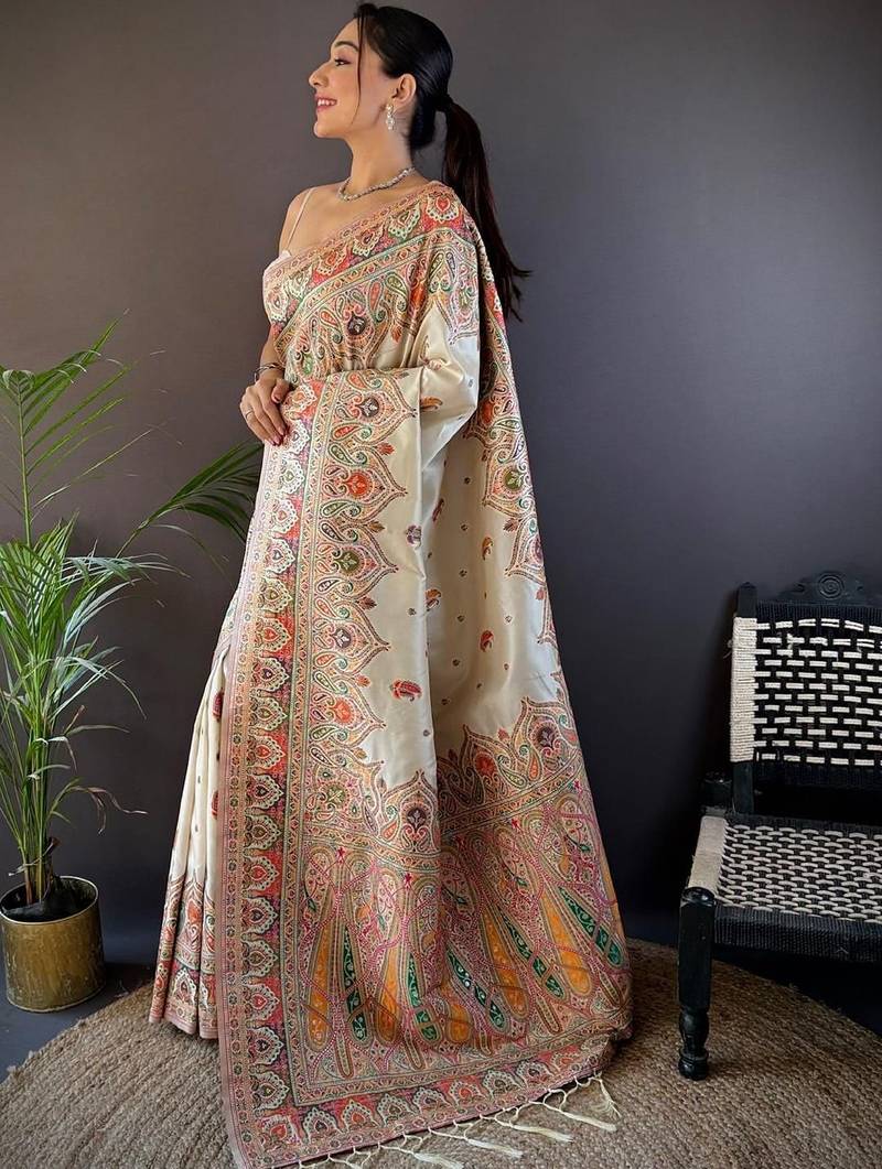 White woven design pashmina saree