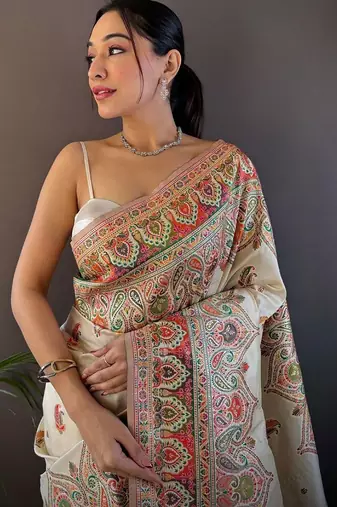 White woven design pashmina saree