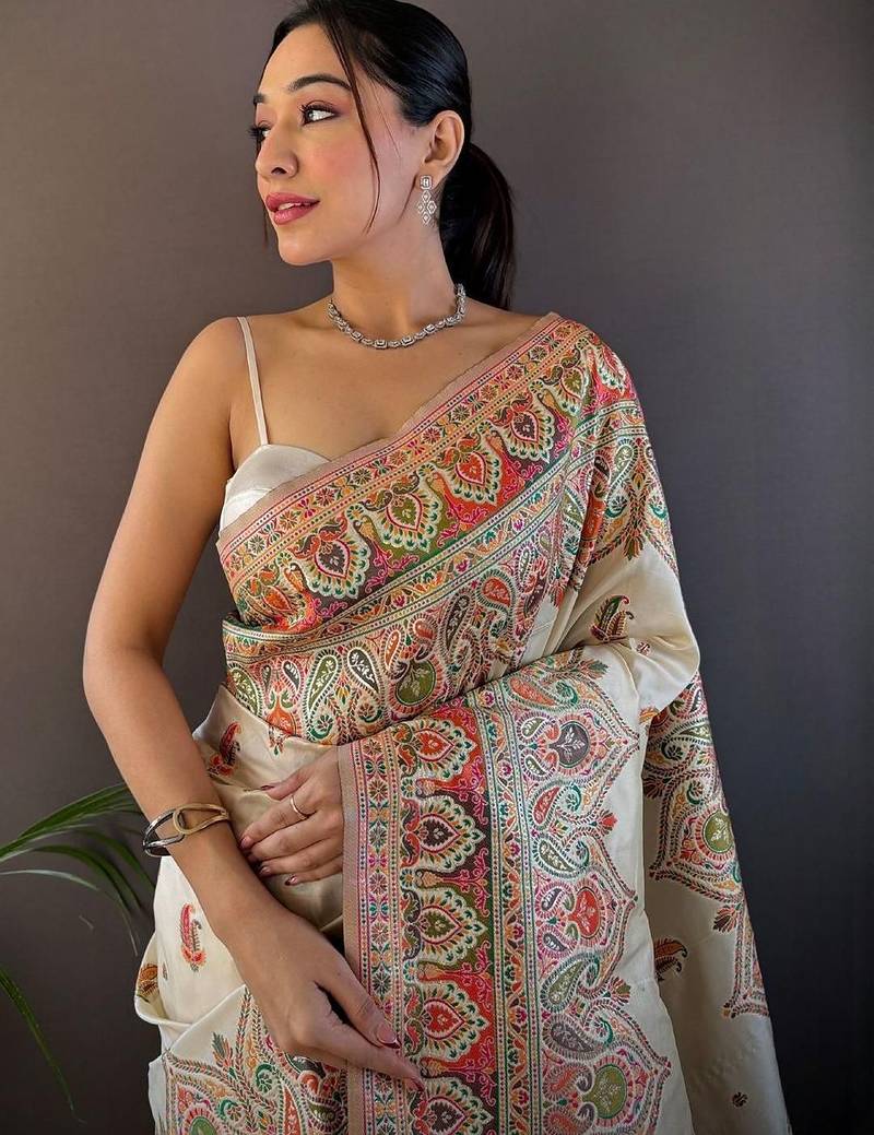 White woven design pashmina saree