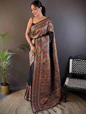 Black woven design zari pashmina saree 1
