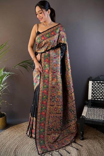 Black woven design zari pashmina saree