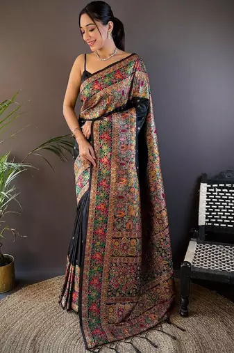 Black woven design zari pashmina saree