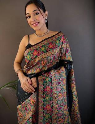 Black woven design zari pashmina saree 2