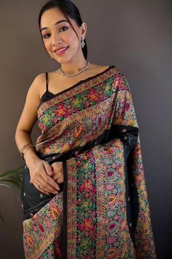 Black woven design zari pashmina saree