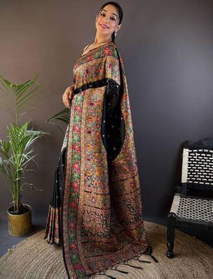 Black woven design zari pashmina saree 3
