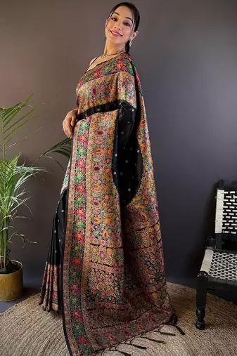 Black woven design zari pashmina saree