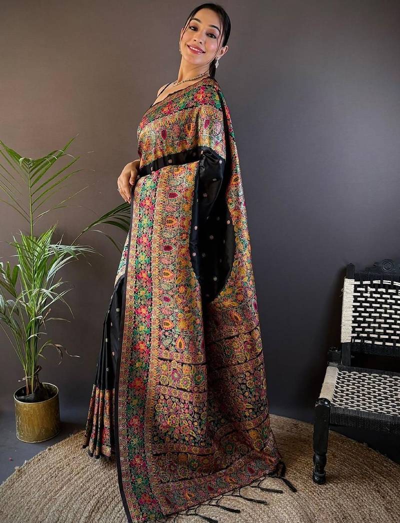 Black woven design zari pashmina saree