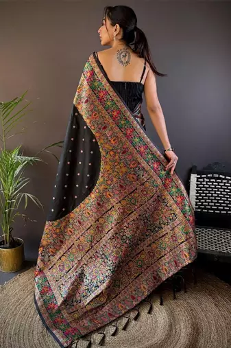 Black woven design zari pashmina saree