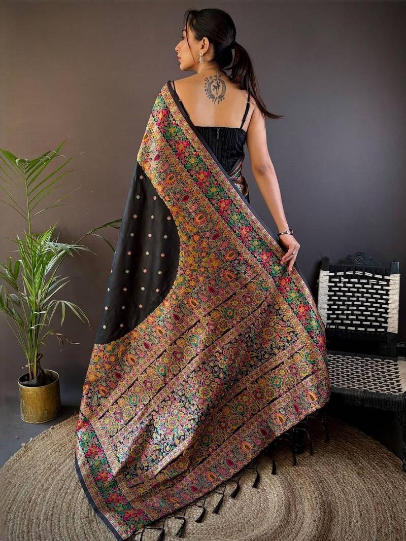 Black woven design zari pashmina saree