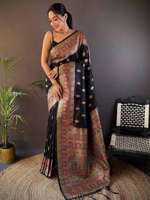 Black woven design zari pashmina saree 1