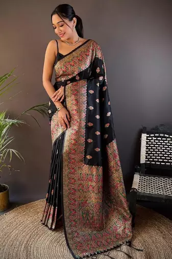 Black woven design zari pashmina saree