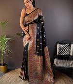 Black woven design zari pashmina saree