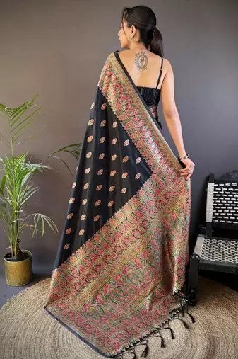 Black woven design zari pashmina saree