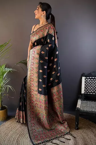 Black woven design zari pashmina saree