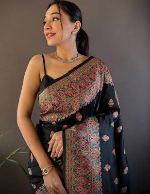 Black woven design zari pashmina saree 4