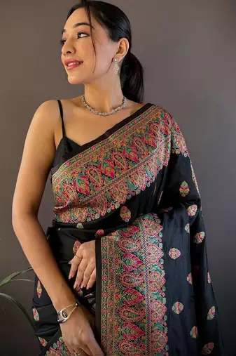 Black woven design zari pashmina saree