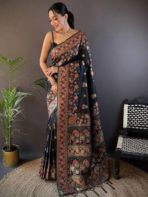 Black ethnic motifs woven design pashmina saree with unstitched blouse piece 1