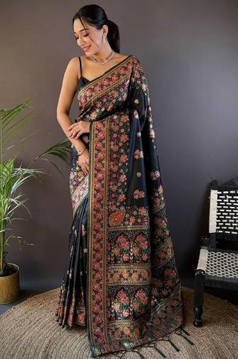 Black ethnic motifs woven design pashmina saree with unstitched blouse piece