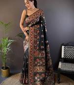 Black ethnic motifs woven design pashmina saree with unstitched blouse piece