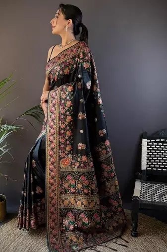 Black ethnic motifs woven design pashmina saree with unstitched blouse piece