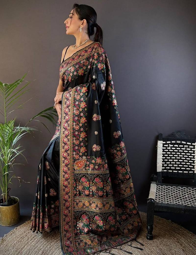 Black ethnic motifs woven design pashmina saree with unstitched blouse piece
