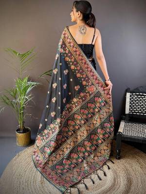 Black ethnic motifs woven design pashmina saree with unstitched blouse piece 3