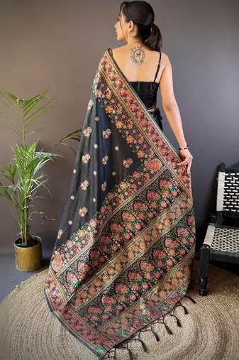 Black ethnic motifs woven design pashmina saree with unstitched blouse piece