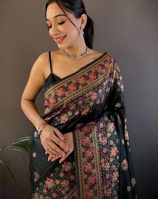 Black ethnic motifs woven design pashmina saree with unstitched blouse piece 4